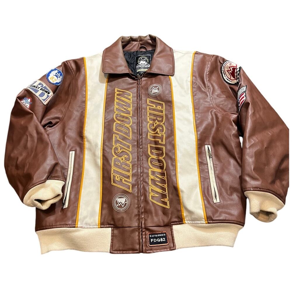 First Down Mens Vintage Racing Gear‎ Bomber Jacket Flight Brown Patches Size XXL